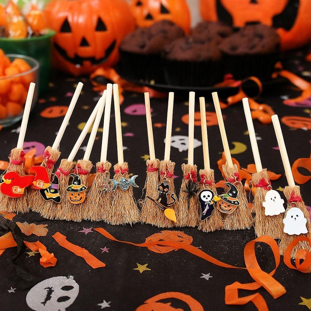 Accessories 10cm Halloween Broom Spider Ghost Hat Black Cat Mini Broom Pendant Wooden Red Rope Broom Car Pendant