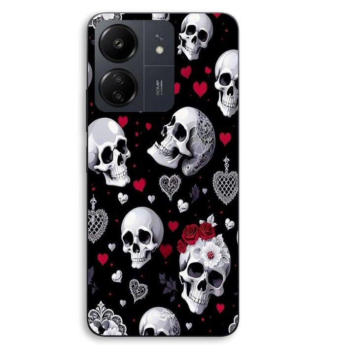 Coque téléphone - MANIACASE - Xiaomi Redmi 13C 4G - Silicone TPU - Tête de mort et cœurs - Noir