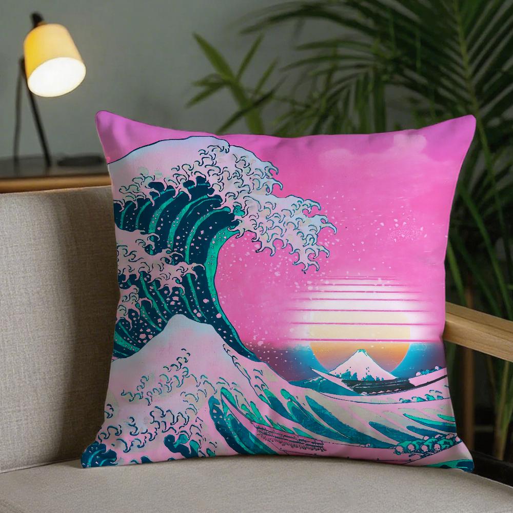 Art The Great Wave Off Kanagawa Pillow Case Square DoubleSided Printing Sofa Cushion Cover Pillowcase Bedroom Bedside