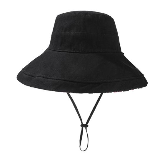 Women Summer Hat Windproof Strap Printed Large Brim Foldable Anti-UV Sun Protection Fisherman Cap Outdoor Sun Hat