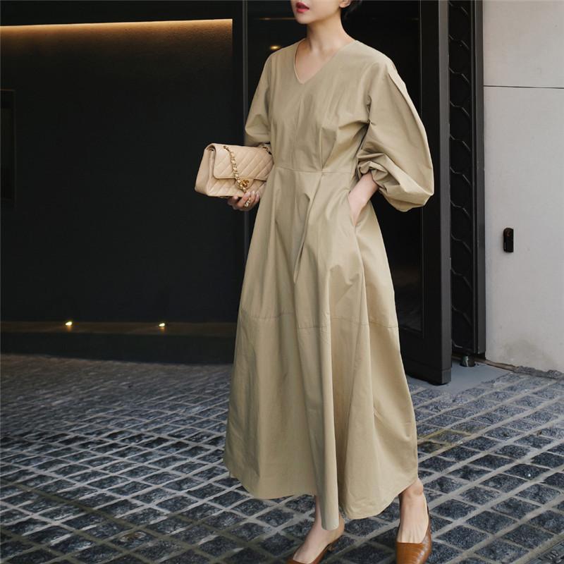 Johnature Корейские женские платья, летние простые свободные однотонные карманы с пышными рукавами, повседневное женское платье