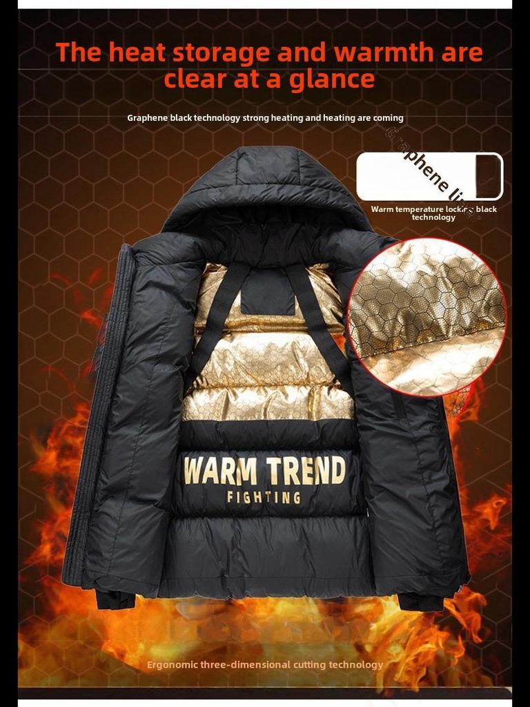 Мужская универсальная зимняя куртка из хлопка с капюшоном, черная с золотом — плотная, теплая, в студенческом стиле