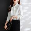 Office Lady Spring Summer Solid Color Blouse Elegant Folds Scarf Collar Bow Chic Pearl Single-breasted Korean Long Sleeve Shirt