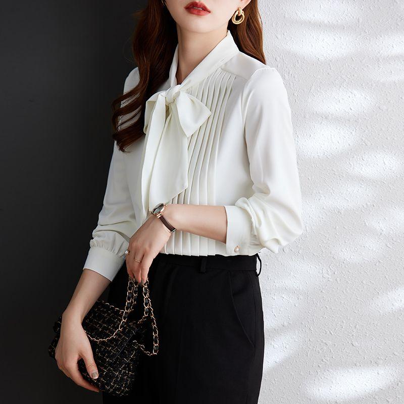 Office Lady Spring Summer Solid Color Blouse Elegant Folds Scarf Collar Bow Chic Pearl Single-breasted Korean Long Sleeve Shirt
