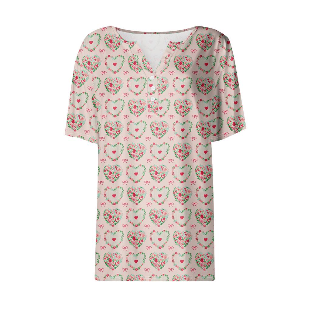 Женская повседневная футболка с v-образным вырезом и коротким рукавом с цветочным принтом и декоративными пуговицами, топ