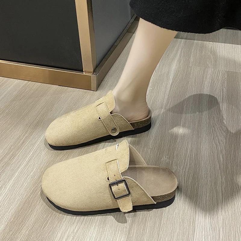 Мода 2024 года, высококачественная женская обувь, закрытый носок, женские тапочки, модные повседневные тапочки с пряжкой на ремне, женские новые тапочки на плоской подошве с круглым носком