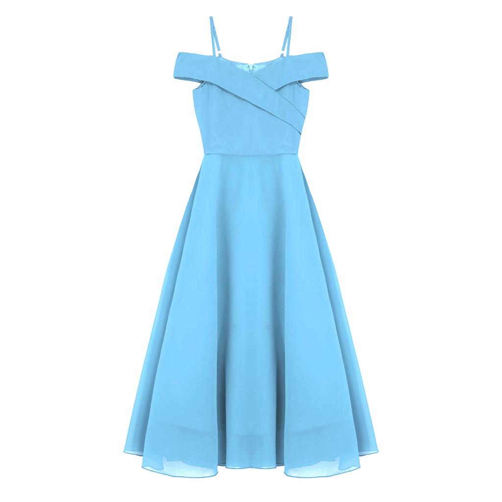 Kids Girls Elegant Chiffon Party Dress Off Shoulder Adjustable Strap Floor Length Evening Gown