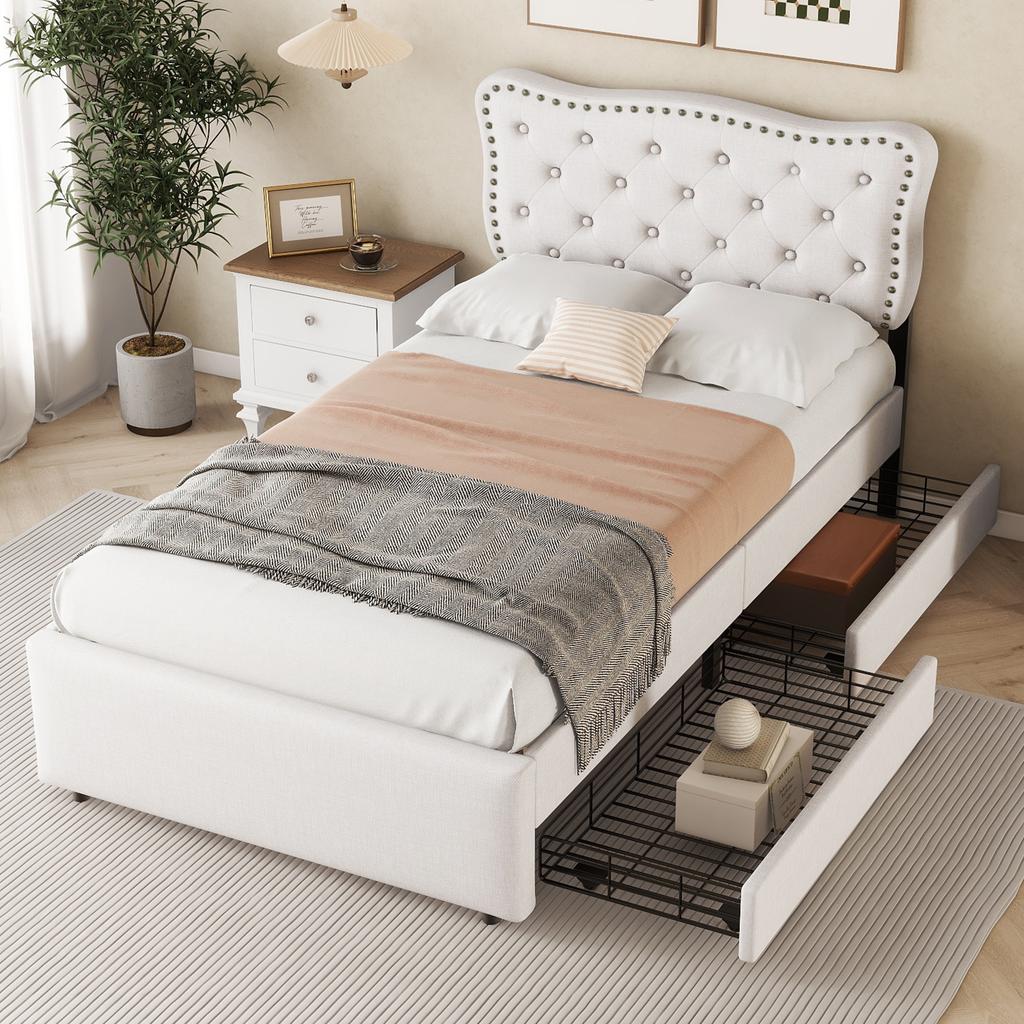 90*200 cm Flat Bed, Upholstered Bed, Headboard Upholstery with Decorative Rivets, Double Drawers, Light Beige