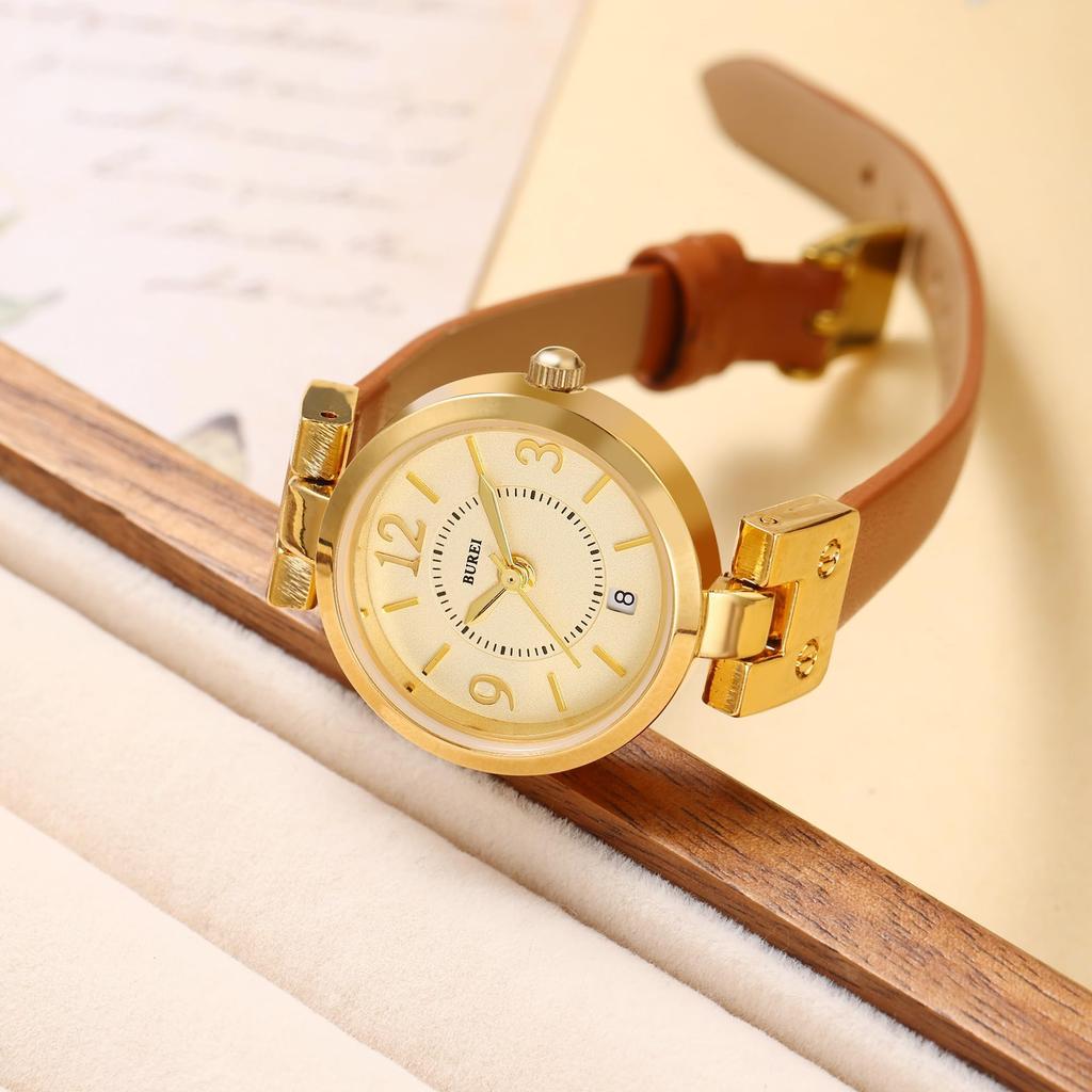 BUREI Analog Quartz Watch with Japanese Gold Lightweight and Slim Brown Leather Perfect for or Casual Perfect as a Gift Women's Battery, Waterproof,