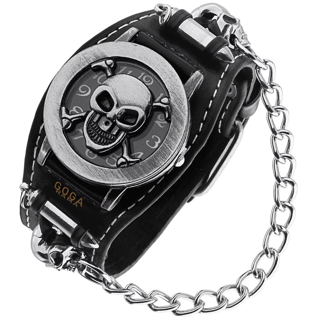 Лучший бренд Flip Skull Chain Punk Rock Gothic Style Мужские часы Ретро Винтаж Черный Кожаный Кварцевые Персонализированные Часы Подарок На Хэллоуин Кварцевые