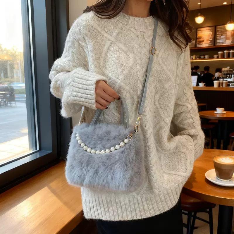 Fashion Women Faux Fur Tote Bag Zipper Solid Color Ladies Crossbody Shoulder Bag Trendy Winter Autumn Soft Fluffy Plush Handbags
