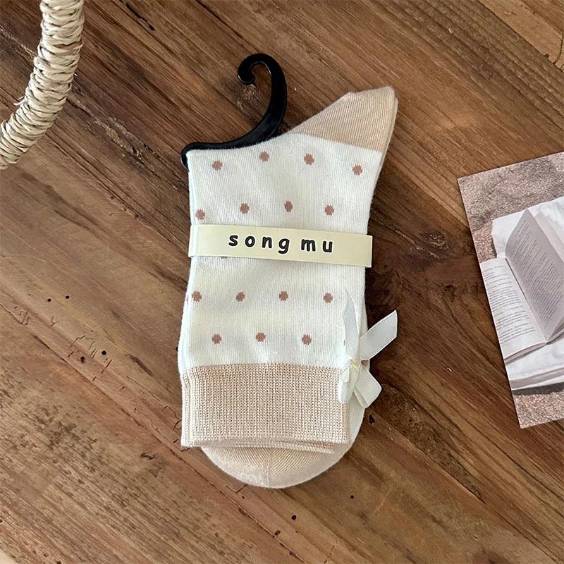 Женские носки в горошек с милым бантом для девочек JK Lolita Kawaii, носки в корейском стиле, в стиле Харадзюку, в стиле ретро, в уличном стиле, хлопковые носки средней длины