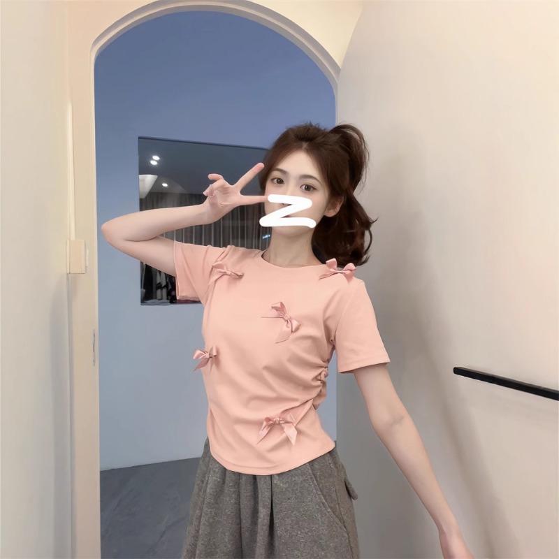 Женская футболка с короткими рукавами и открытыми плечами, стереоскопический бант, корейский топ Sweet Sister без талии