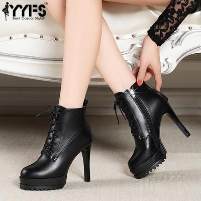 Женские короткие ботинки Толстый каблук Мода Круглый носок Шнуровка Ботинки Мартина Осень и Зима Одинарные ботинки Короткое голенище Высокий каблук Толстая подошва