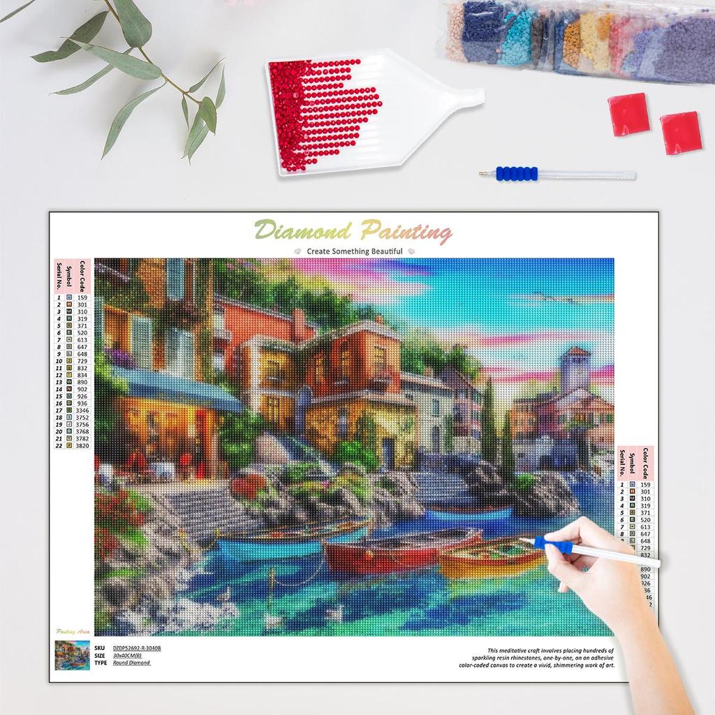 Полная круглая алмазная живопись, вышивка крестиком, пейзаж, распродажа, дом, парусная лодка, мозаичное украшение для дома 30x40 см/12x16 дюймов