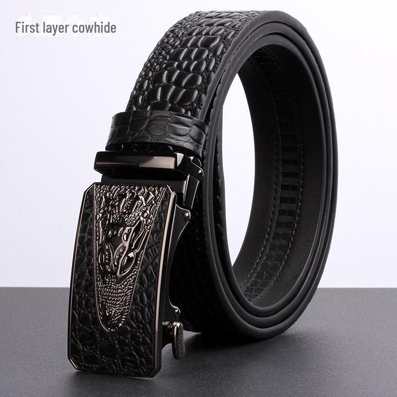 Men's Crocodile Pattern Leather Automatic Belt - Top Grain Cowhide, High-End Design, Genuine Craftsmanship.