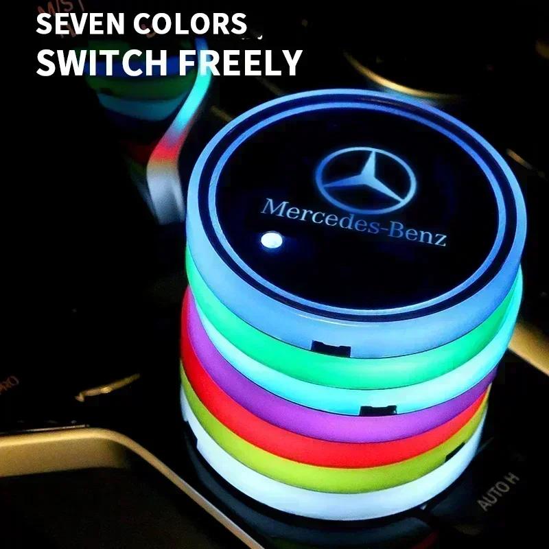 AABIH1 1/2pcs Car Luminous Water Cup Pad LED Atmosphere Light For Mercedes Benz W166 W212 W213 W246 W176 W205 C180 W167 Accessories
