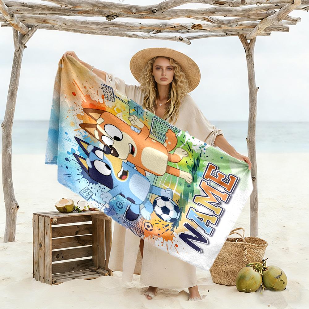 Bluey Soccer Adventure Customizable Name Beach Towel High Absorbency & Quick-Dry Suitable for Sports Travel Swimming Yoga Bathroom Beach And Pool