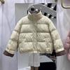 Новый зимний клетчатый подклад Южной Кореи носит воротник-стойку с обеих сторон, короткую модную белую пуховую куртку, и женское пальто выглядит стройнящим