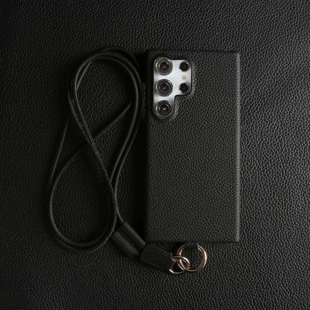 Lychee Grain Leather Case for Samsung Galaxy S26 Ultra S25 Edge S24 Plus S23 S22 S21 S20 FE Phone Cover with Crossbody Strap