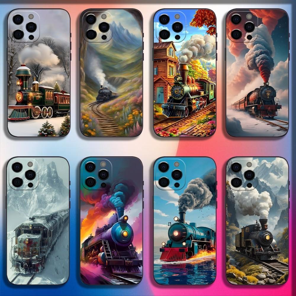 Классический паровоз Железная дорога Чехол для телефона Для iPhone 16,15,14,13,12,11,Pro,X,XS,Max,XR,Plus,Mini Мягкая Черная Крышка