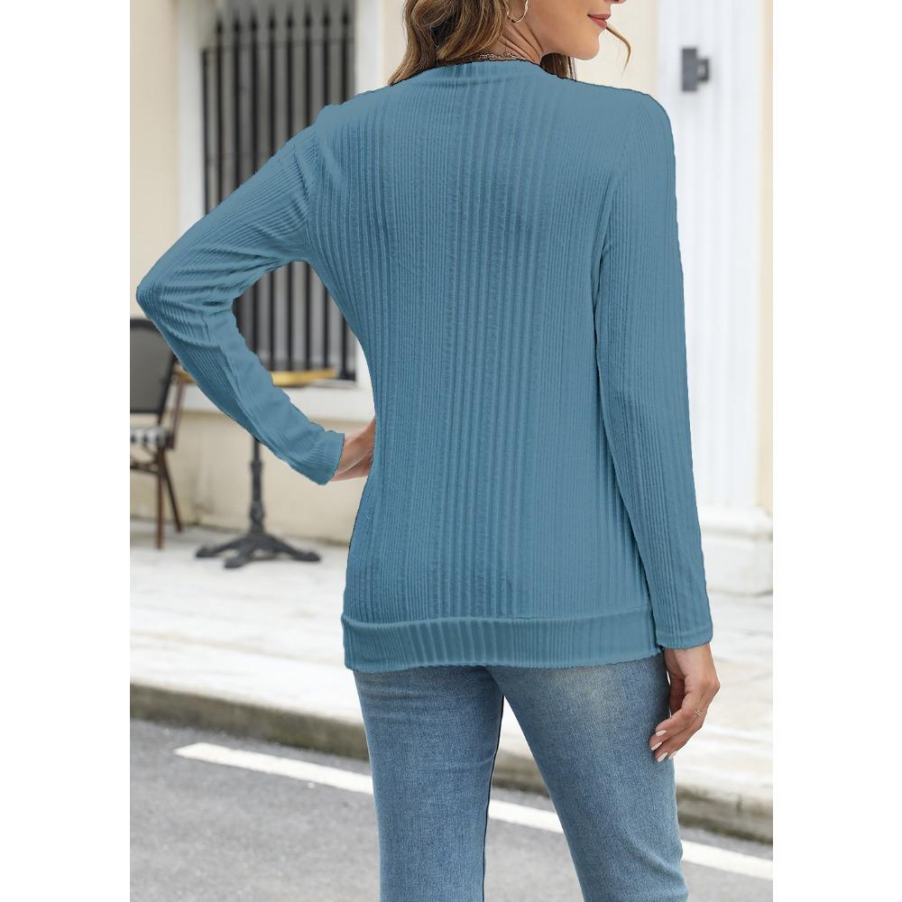 GMXIA Women's Autumn Winter Pit Strip Ground Solid Color Round Neck Button Long Sleeve T-shirt