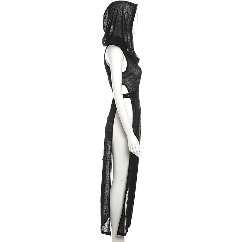 AltGoth Coquette Dark Gothic Сексуальное Платье Женское Винтажное Y2k Cyberpunk Прозрачное Трикотажное Платье с Вырезом И Разрезом С Высокой Талией И Капюшоном
