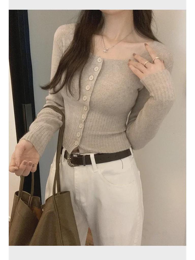 Женский облегающий вязаный кардиган - квадратный воротник, длинный рукав, короткая талия для осени/зимы