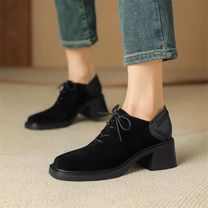 Модные Новые Весенне-Осенние Замшевые Лоферы на Шнуровке для Женщин, Квадратный Носок, Массивный Каблук, Удобные Женские Туфли-Лодочки, Женская Обувь на Высоком Каблуке