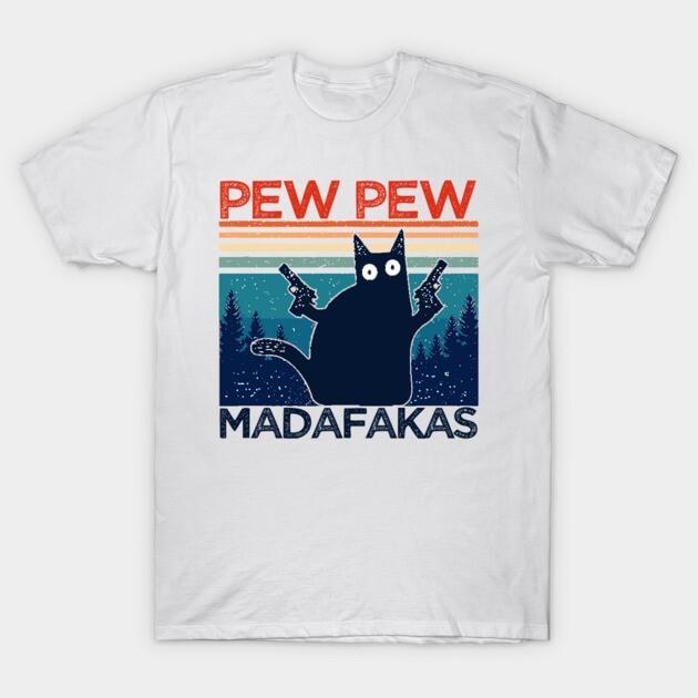 "Pew Pew Cat" Funny Cartoon Unisex Vintage Graphic Cotton Crewneck Tee