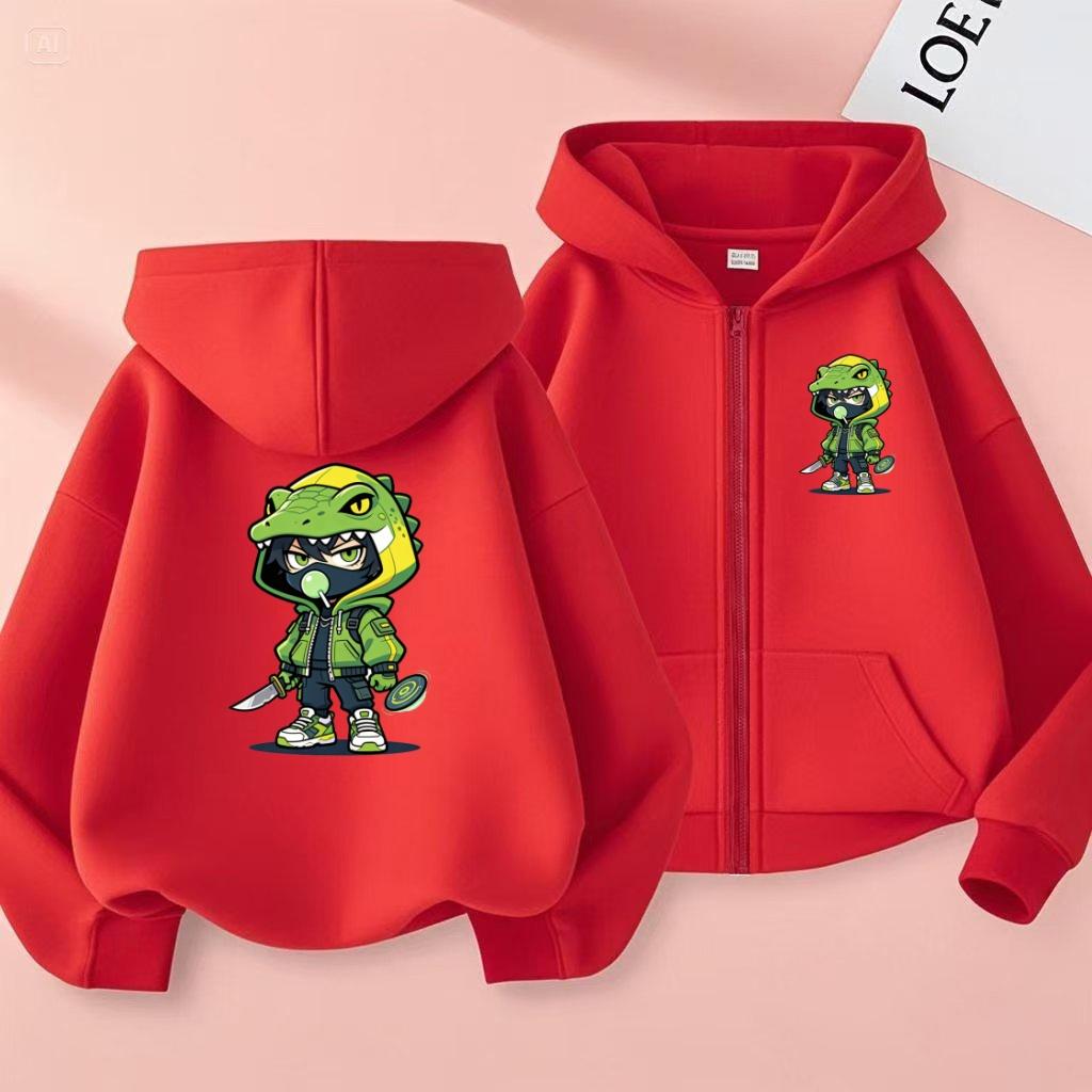 2026 New Style Children's Sporty Zippered Hooded Sweatshirt Casual Jacket with Cartoon Lizard Pattern for Ages 3 to 12