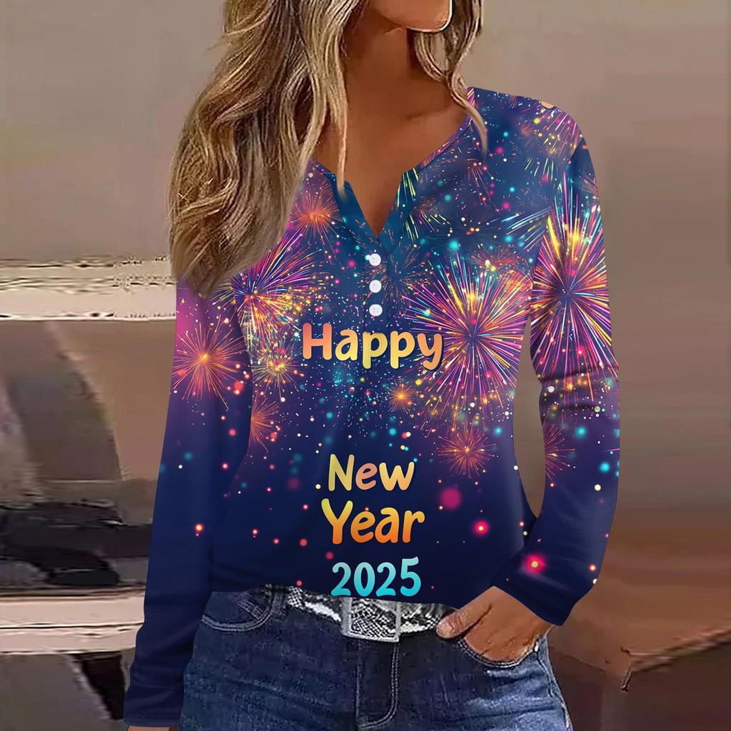Жен. Футболка Футболка С принтом Пуговицы Длинный рукав Повседневные Выходные Мода Классический V-образный вырез Обычный Верх