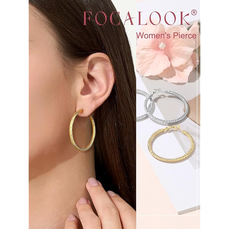 FOCALOOK hoop earrings ladies stainless Allergy friendly hollow light ring earrings Popularity gold big Fashionable 40mm Width 3mm