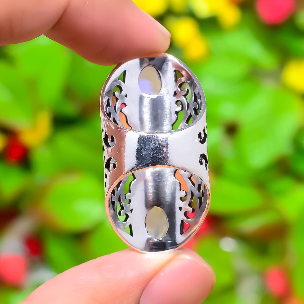 Радужный лунный камень Ручная работа Ювелирное изделие из стерлингового серебра 925 пробы Кольцо Размер 6 T4z31