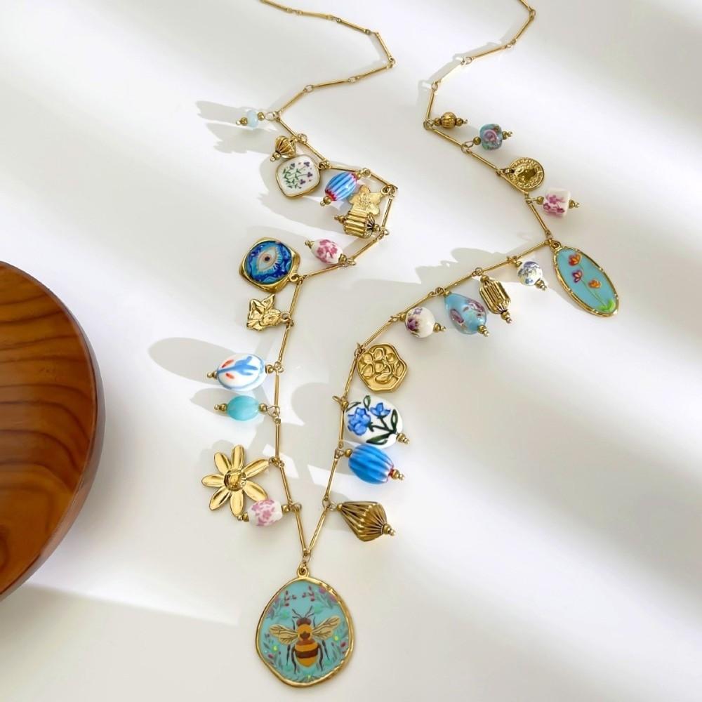 Long Style Enamel Ceramic Necklace Stainless Steel Women's Necklace Jewelry Accessories