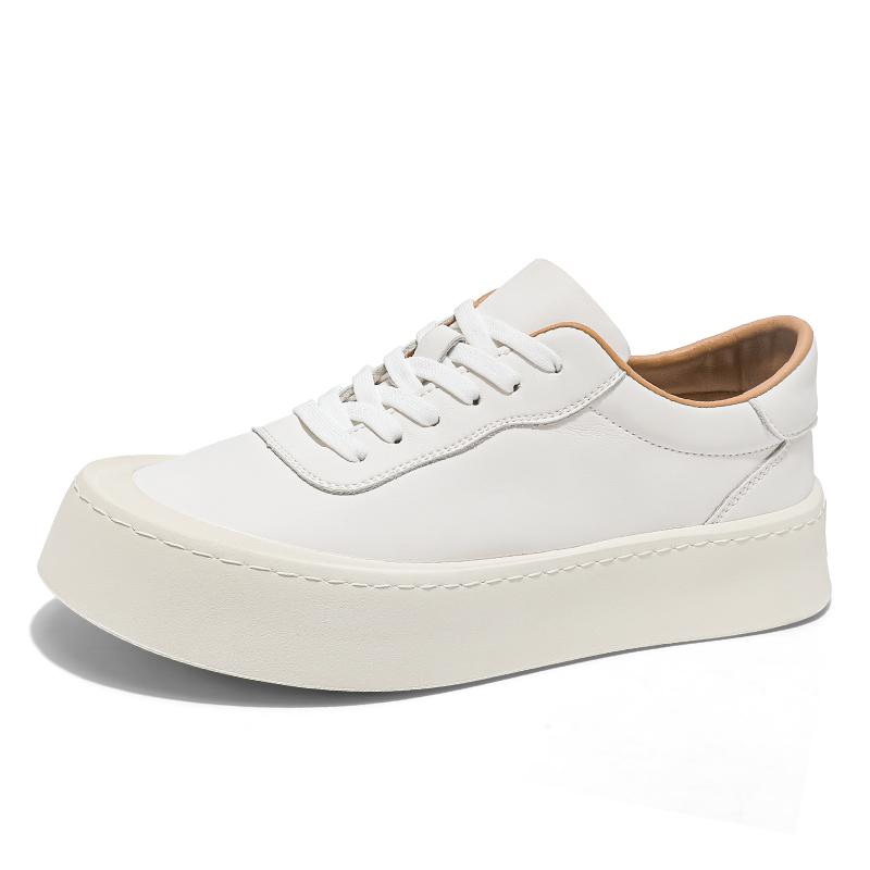 Модные мужские повседневные туфли на толстой подошве, минималистичные, 2025 новинка, дышащие корейские плоские вулканизированные туфли, повседневная кожаная обувь для ходьбы на открытом воздухе