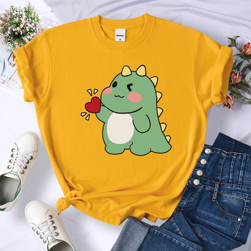 Милый маленький динозаврик признается в любви Принты Топы Женские Мягкие Уличные Футболки Спорт Хип-Хоп Футболки Одежда Повседневная с Коротким Рукавом