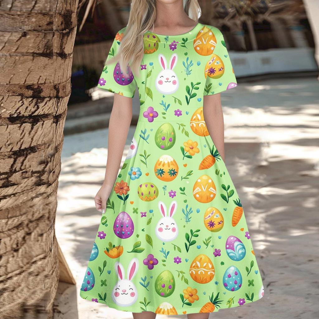 Женское повседневное модное платье с пасхальным принтом, круглое платье с коротким рукавом и талией, средней длины (с молнией)