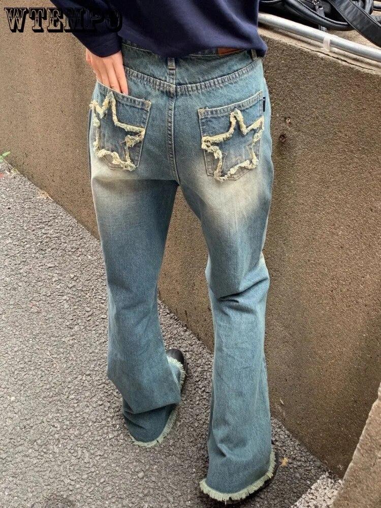 Американские новые прямые джинсы со звездами и контрастной нашивкой, женские тренды уличной моды Y2K, неоготические повседневные свободные широкие джинсы, уличная одежда