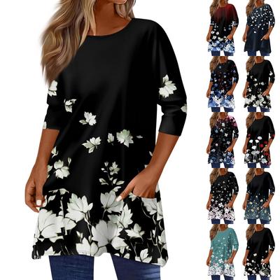 3/4 рукава кармана топы для женщин футболка повседневный принт средней длины топы футболка круглый вырез пуловер блузка