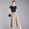 Women Casual Pants Elastic High Waist Adjustable Lace-up Wide Leg Cropped Pants Solid Color Loose Fit Lounge Culottes