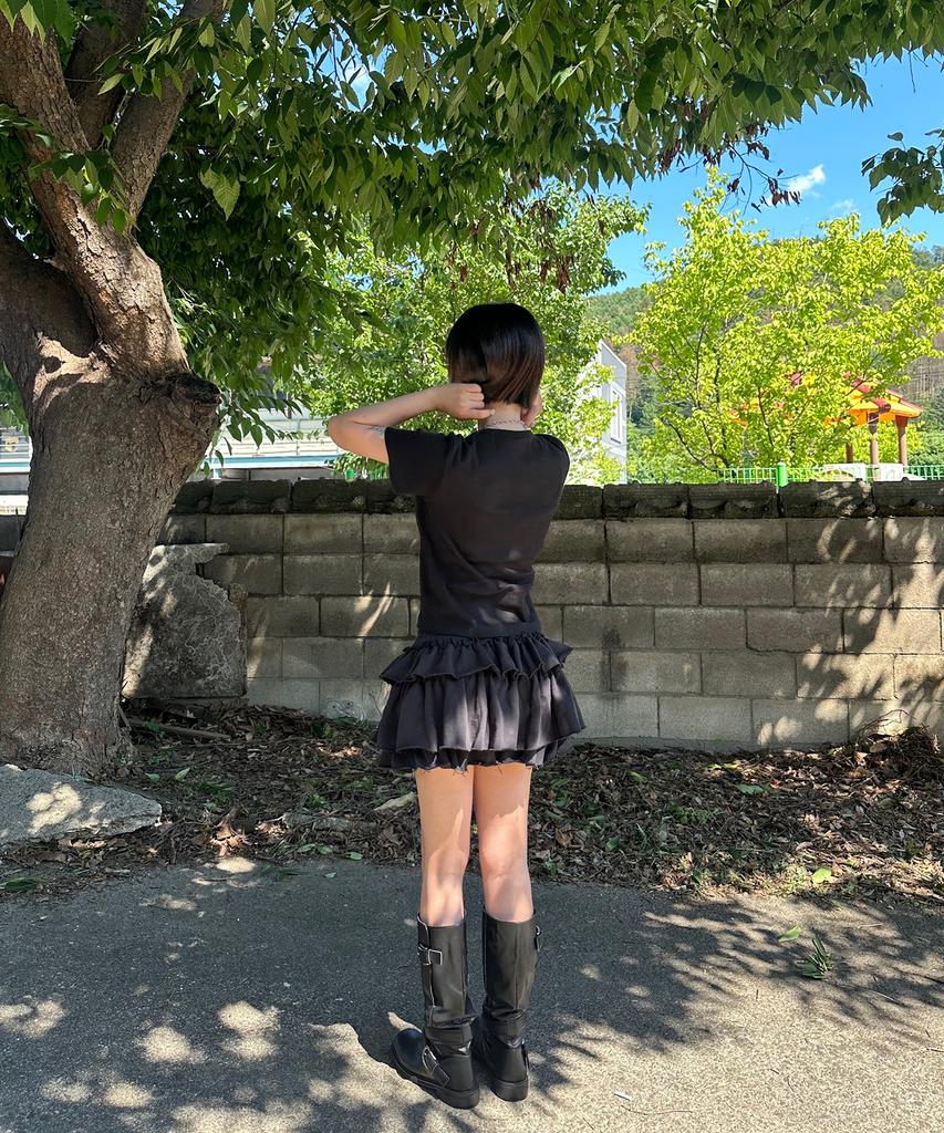 Plasma Sphere Tutu Tiered French Ferry Shirred Tiered Mini Skirt Pants_Black