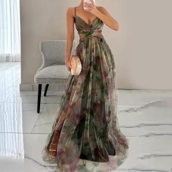 Women's Spaghetti Strap Maxi Dress Floral Boho Deep V-Neck Hollow Out Mesh Pleated Dress Summer Beach Party Swing Long Dress