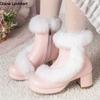 Fashion Ladies Ankle Boots Women Shoes Sweet Fur Lolita Lovely Cosplay Platform Girls Mid Heels Booties Woman Pink White Big Size 31-46