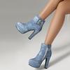 Квадратная металлическая наклейка Верх из джинсовой ткани Платформа Ультравысокий толстый каблук Ботильоны до щиколотки на молнии Плюшевая внутренняя отделка Ретро джинсовые короткие ботинки