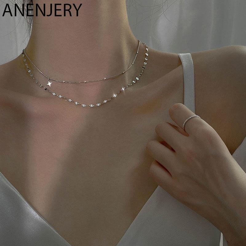 ANENJERY Двухслойное ожерелье с крестом и звездой, женская блестящая цепочка на ключицы, оптовая продажа