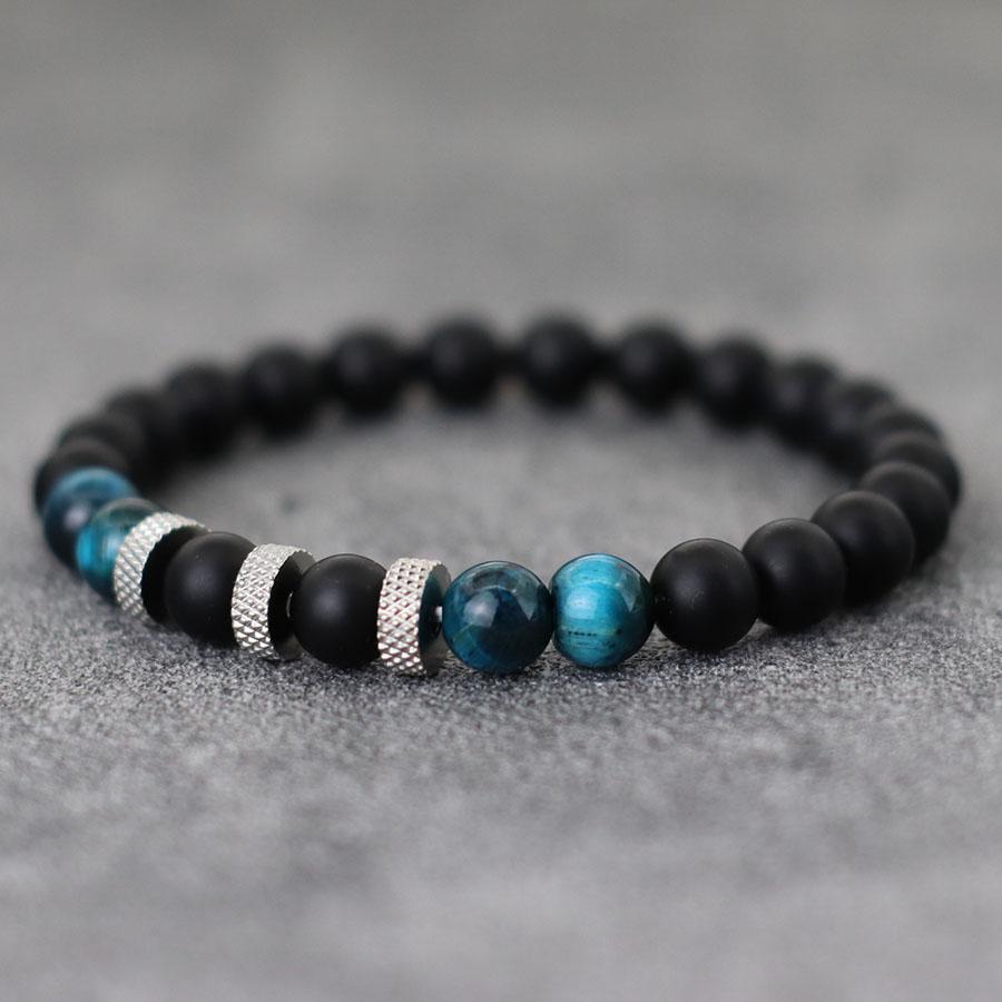 Stylish Men Bracelet 8mm Natural Volcanic Blue Howlite Tiger Eye Stone Beaded Braclet Retro String Braslet Casual Accessories