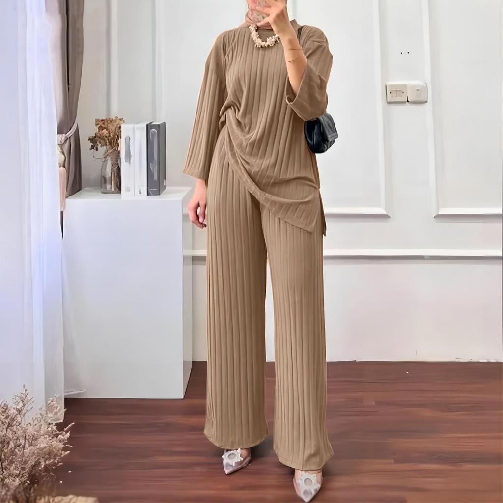 2023 Autumn/Winter Women's Long-Sleeve Top & Wide-Leg Pants Solid Color 2-Piece Casual Sportswear Set