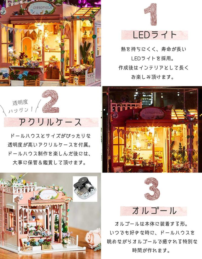 moin moin Dollhouse Miniature DIY Kit A flower shop with a welcoming a starry sky LED acrylic and music Set dog, view, lights, case, box. (2009DH197)