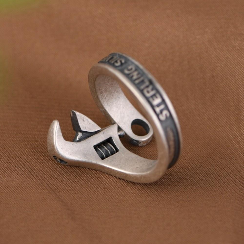 Heavy Duty Spanner Finger Ring Silver Plated Biker Jewelry Wrench-Shaped Open Ring  Boys Girls